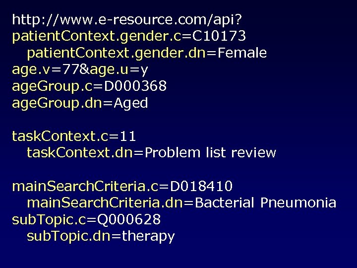 http: //www. e-resource. com/api? patient. Context. gender. c=C 10173 patient. Context. gender. dn=Female age.