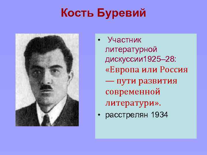 Кость Буревий • Участник литературной дискуссии 1925– 28: «Европа или Россия — пути развития