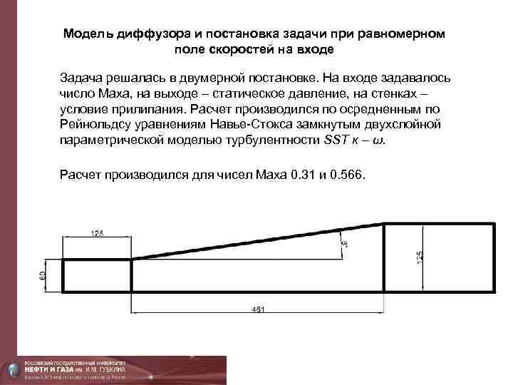 Модель диффузора и постановка задачи при равномерном поле скоростей на входе Задача решалась в