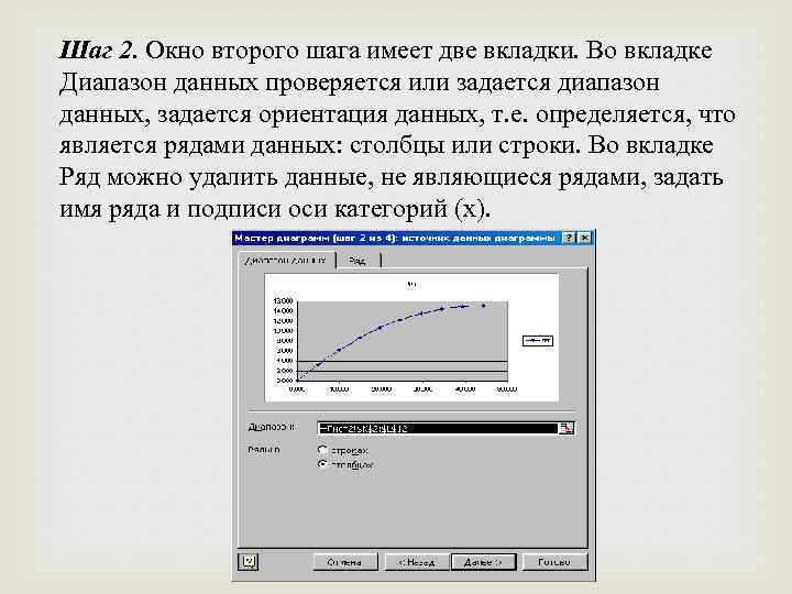 Шаг 2. Окно второго шага имеет две вкладки. Во вкладке Диапазон данных проверяется или