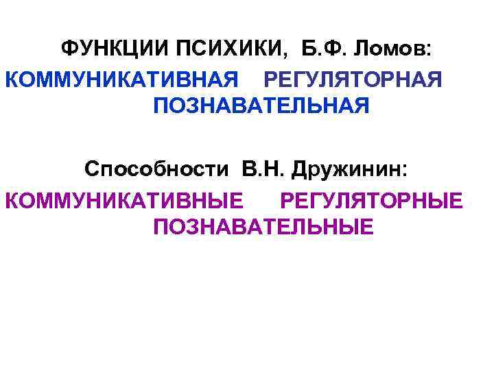 ФУНКЦИИ ПСИХИКИ, Б. Ф. Ломов: КОММУНИКАТИВНАЯ РЕГУЛЯТОРНАЯ ПОЗНАВАТЕЛЬНАЯ Способности В. Н. Дружинин: КОММУНИКАТИВНЫЕ РЕГУЛЯТОРНЫЕ