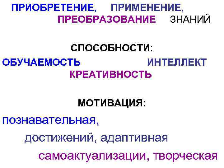 ПРИОБРЕТЕНИЕ, ПРИМЕНЕНИЕ, ПРЕОБРАЗОВАНИЕ ЗНАНИЙ СПОСОБНОСТИ: ОБУЧАЕМОСТЬ ИНТЕЛЛЕКТ КРЕАТИВНОСТЬ МОТИВАЦИЯ: познавательная, достижений, адаптивная самоактуализации, творческая