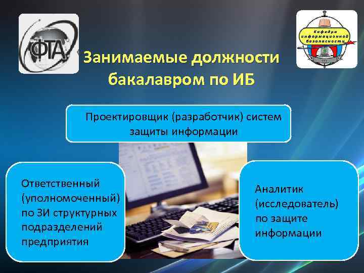 Занимаемые должности бакалавром по ИБ Проектировщик (разработчик) систем защиты информации Ответственный (уполномоченный) по ЗИ