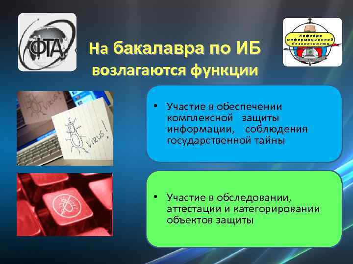 На бакалавра по ИБ возлагаются функции • Участие в обеспечении комплексной защиты информации, соблюдения