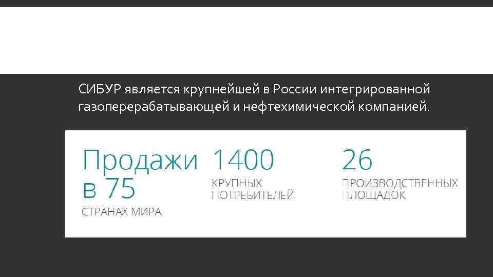 СИБУР является крупнейшей в России интегрированной газоперерабатывающей и нефтехимической компанией. 