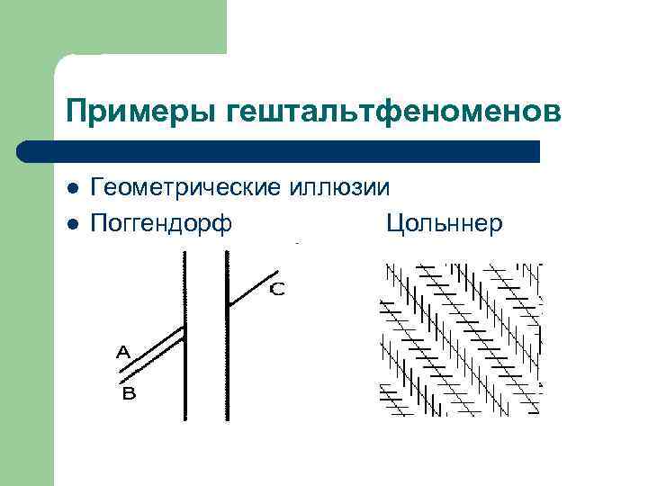 Примеры гештальтфеноменов l l Геометрические иллюзии Поггендорф Цольннер 