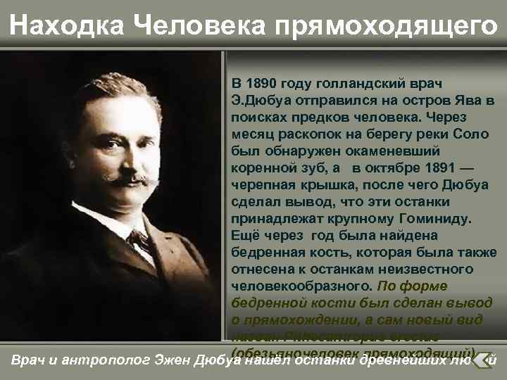 Находка Человека прямоходящего В 1890 году голландский врач Э. Дюбуа отправился на остров Ява