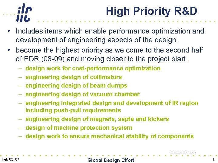 High Priority R&D • Includes items which enable performance optimization and development of engineering