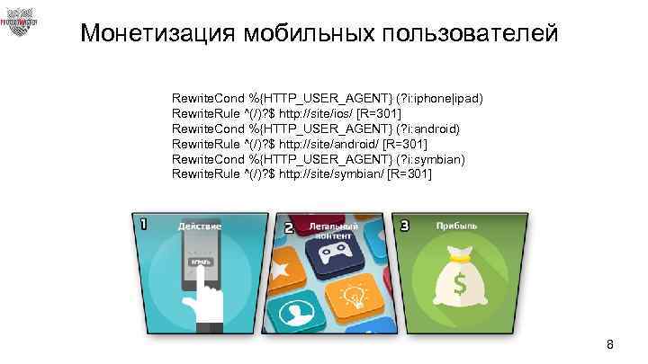 Монетизация мобильных пользователей Rewrite. Cond %{HTTP_USER_AGENT} (? i: iphone|ipad) Rewrite. Rule ^(/)? $ http: