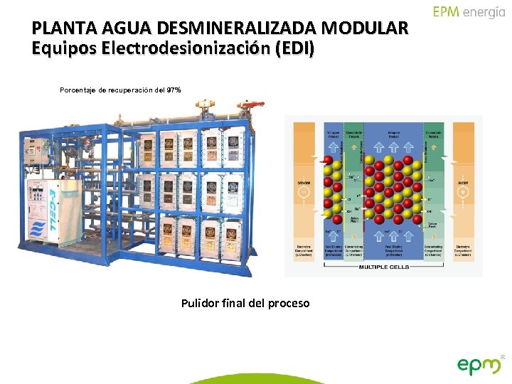 PLANTA AGUA DESMINERALIZADA MODULAR Equipos Electrodesionización (EDI) Porcentaje de recuperación del 97% Pulidor final