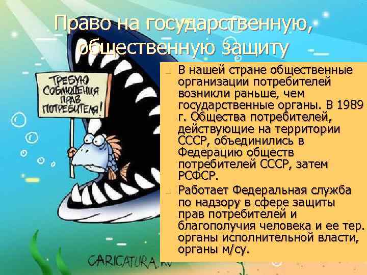 Право на государственную, общественную защиту В нашей стране общественные организации потребителей возникли раньше, чем