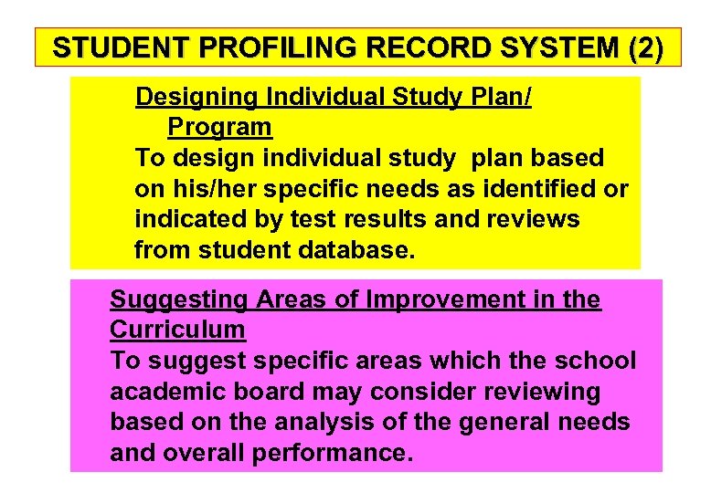 STUDENT PROFILING RECORD SYSTEM (2) Designing Individual Study Plan/ Program To design individual study