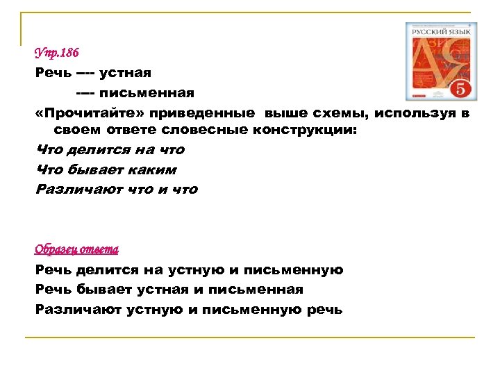 Упр. 186 Речь ---- устная ---- письменная «Прочитайте» приведенные выше схемы, используя в своем