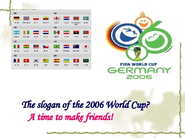 The slogan of the 2006 World Cup? A time to make friends! 