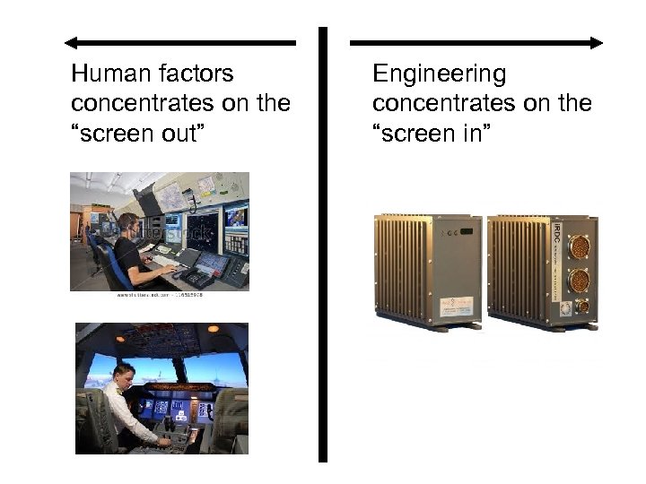 Human factors concentrates on the “screen out” Engineering concentrates on the “screen in” 