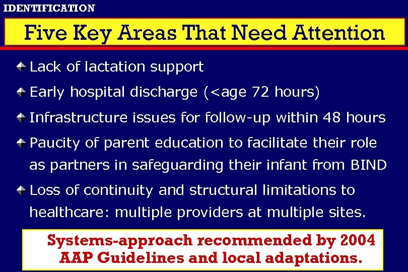 IDENTIFICATION Five Key Areas That Need Attention Lack of lactation support Early hospital discharge