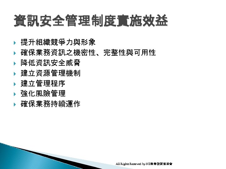 資訊安全管理制度實施效益 提升組織競爭力與形象 確保業務資訊之機密性、完整性與可用性 降低資訊安全威脅 建立資源管理機制 建立管理程序 強化風險管理 確保業務持續運作 All Rights Reserved by NII產業發展協進會 