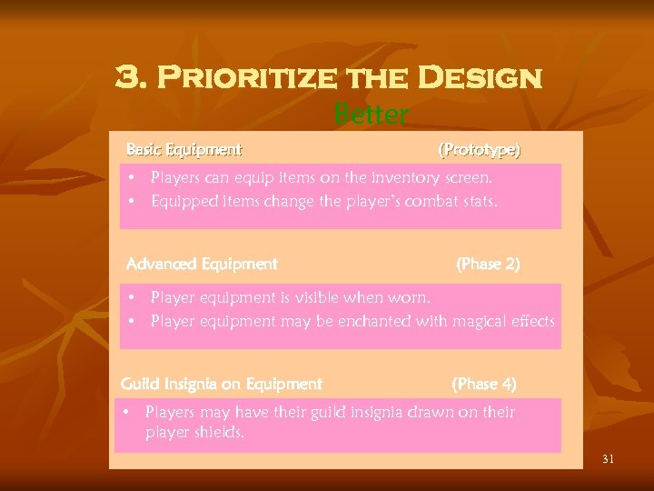 3. Prioritize the Design Better Basic Equipment (Prototype) • Players can equip items on