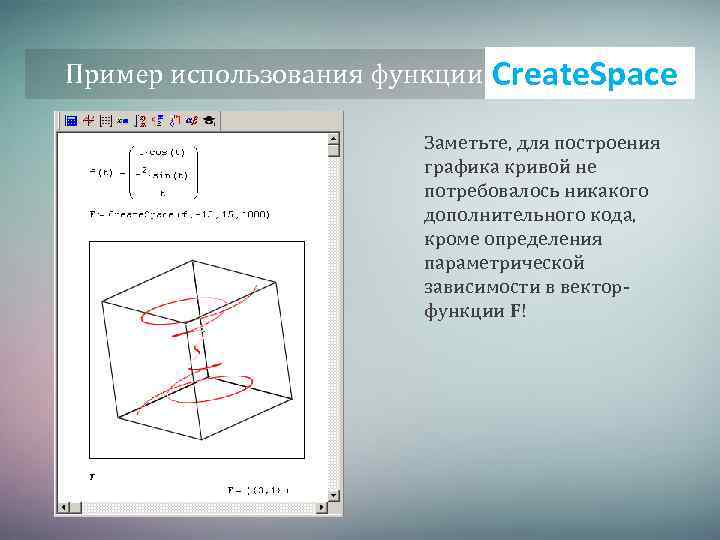 Пример использования функции Create. Space Заметьте, для построения графика кривой не потребовалось никакого дополнительного