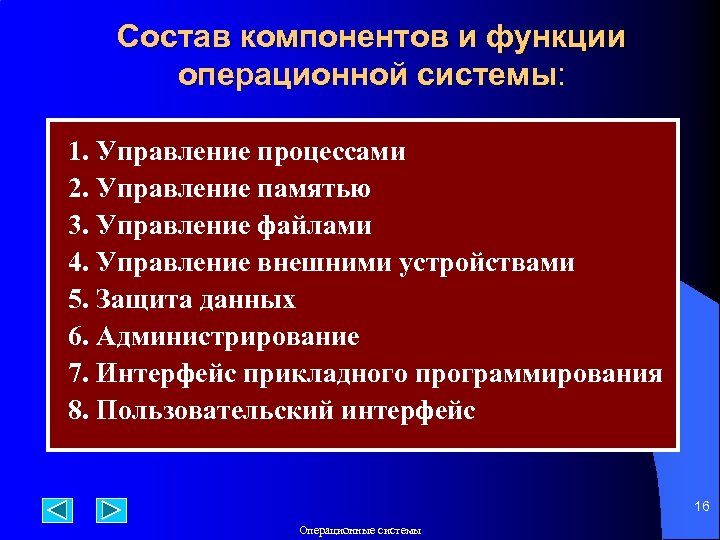 Состав компонентов и функции операционной системы: 1. Управление процессами 2. Управление памятью 3. Управление