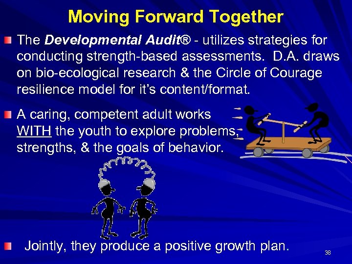 Moving Forward Together The Developmental Audit® - utilizes strategies for The conducting strength-based assessments.