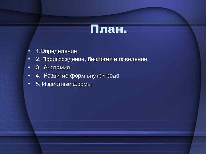 План. • • • 1. Определение 2. Происхождение, биология и поведение 3. Анатомия 4.