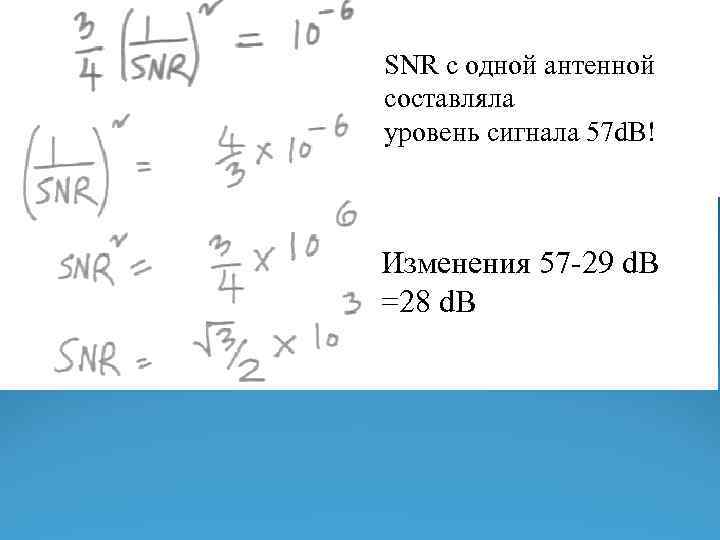 SNR с одной антенной составляла уровень сигнала 57 d. B! Изменения 57 -29 d.