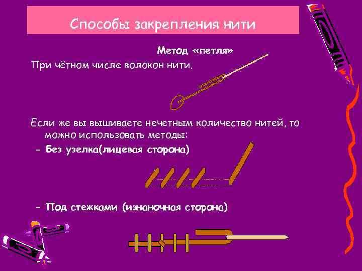 Способы закрепления нити Метод «петля» При чётном числе волокон нити. Если же вы вышиваете