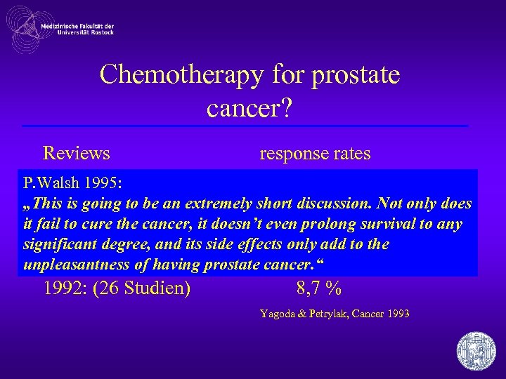 Chemotherapy for prostate cancer? Reviews response rates P. Walsh 1995: 1985: (17 to be