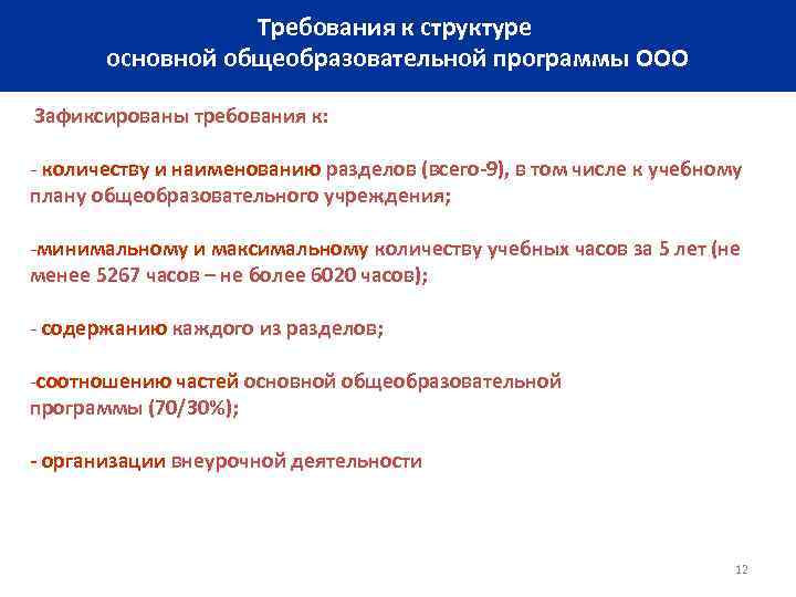 Требования к структуре основной общеобразовательной программы ООО Зафиксированы требования к: - количеству и наименованию