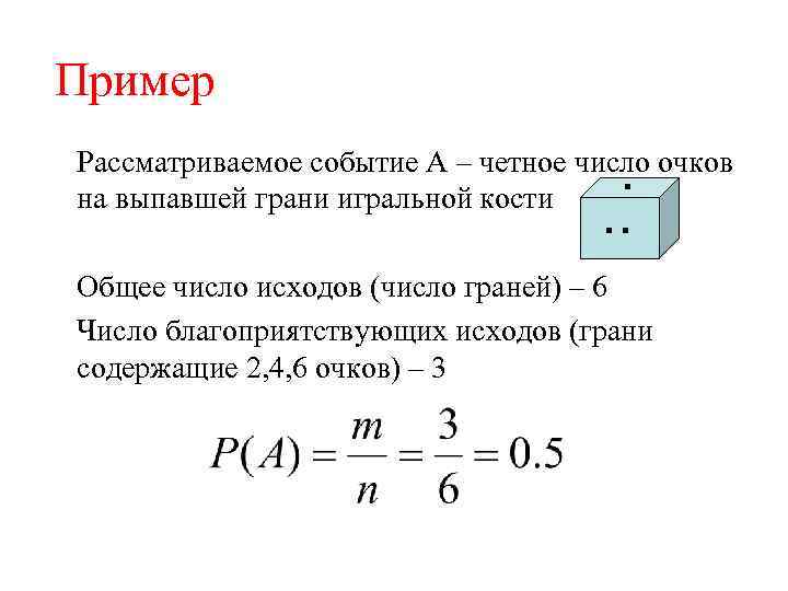 Пример . . . Рассматриваемое событие А – четное число очков на выпавшей грани