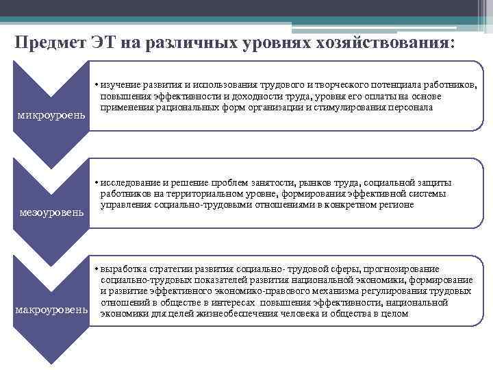 Предмет ЭТ на различных уровнях хозяйствования: микроуроень мезоуровень • изучение развития и использования трудового