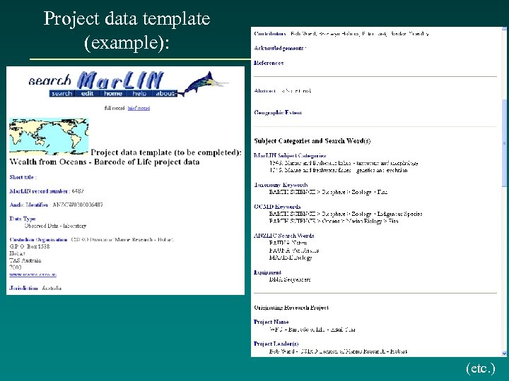 Project data template (example): (etc. ) 