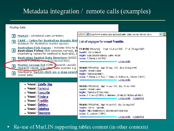 Metadata integration / remote calls (examples) • Re-use of Mar. LIN supporting tables content
