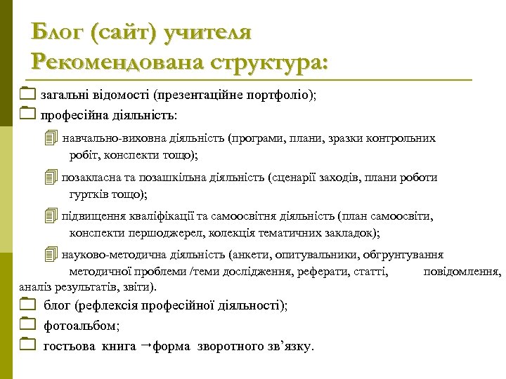 Блог (сайт) учителя Рекомендована структура: загальні відомості (презентаційне портфоліо); професійна діяльність: навчально-виховна діяльність (програми,