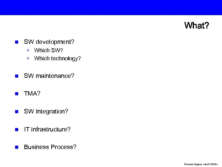 What? n SW development? Which SW? Which technology? n SW maintenance? n TMA? n