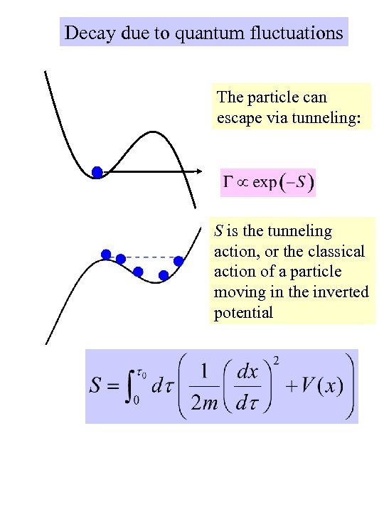 Decay due to quantum fluctuations The particle can escape via tunneling: S is the