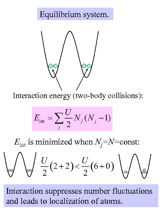 Equilibrium system. Interaction energy (two-body collisions): Eint is minimized when Nj=N=const: Interaction suppresses number