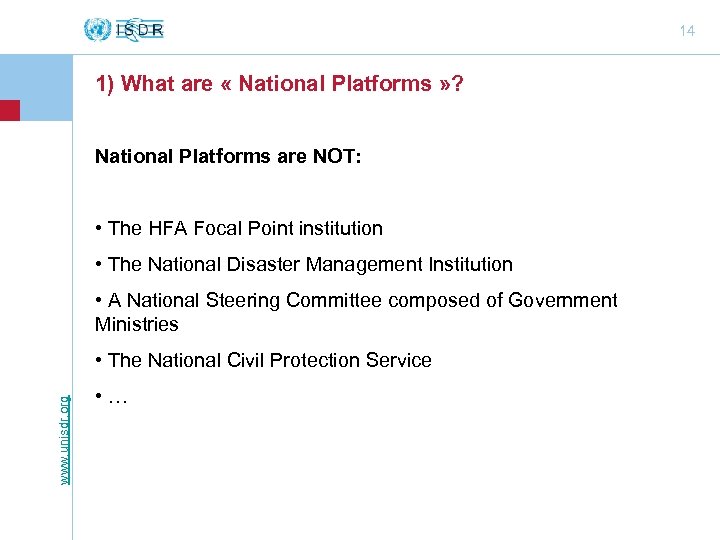 14 1) What are « National Platforms » ? National Platforms are NOT: •