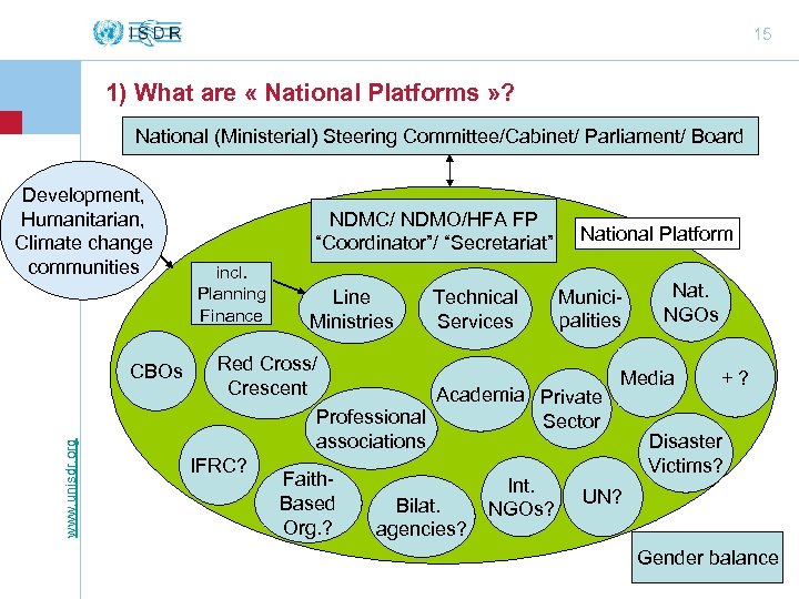 15 1) What are « National Platforms » ? National (Ministerial) Steering Committee/Cabinet/ Parliament/