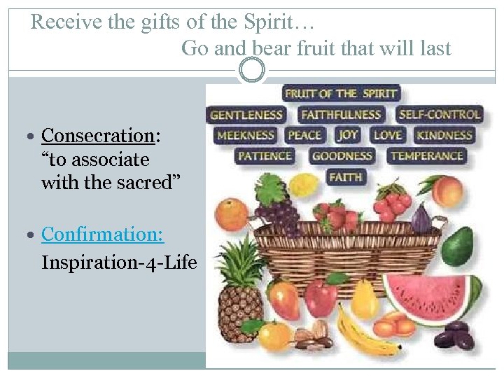 Receive the gifts of the Spirit… Go and bear fruit that will last Consecration: