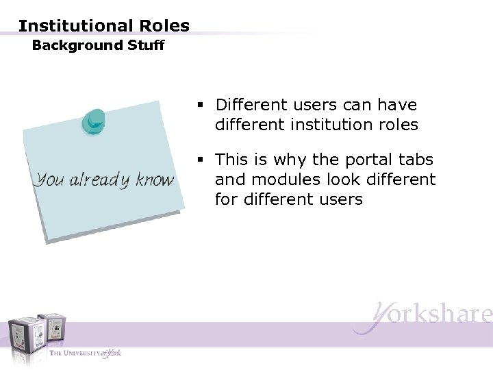 Institutional Roles Background Stuff § Different users can have different institution roles § This