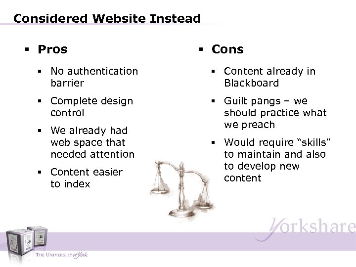 Considered Website Instead § Pros § Cons § No authentication barrier § Content already