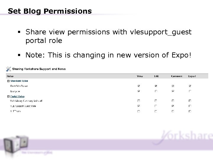 Set Blog Permissions § Share view permissions with vlesupport_guest portal role § Note: This