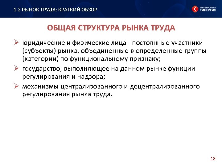 1. 2 РЫНОК ТРУДА: КРАТКИЙ ОБЗОР ОБЩАЯ СТРУКТУРА РЫНКА ТРУДА Ø юридические и физические