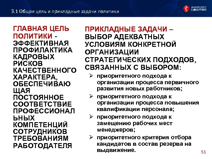3. 1 Общая цель и прикладные задачи политики ГЛАВНАЯ ЦЕЛЬ ПОЛИТИКИ ЭФФЕКТИВНАЯ ПРОФИЛАКТИКА КАДРОВЫХ