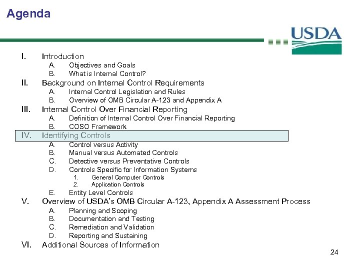 Agenda I. Introduction A. B. II. Background on Internal Control Requirements A. B. III.