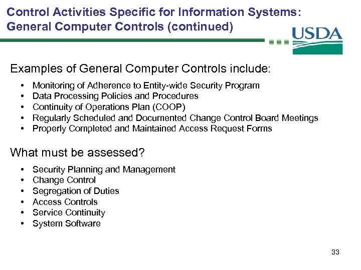 Control Activities Specific for Information Systems: General Computer Controls (continued) Examples of General Computer