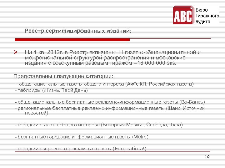 Реестр сертифицированных изданий: Ø На 1 кв. 2013 г. в Реестр включены 11 газет