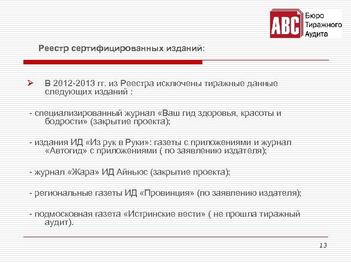 Реестр сертифицированных изданий: Ø В 2012 -2013 гг. из Реестра исключены тиражные данные следующих
